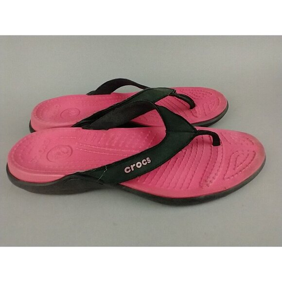 CROCS Capri IV Women's Size 10 Pink Black Straps Sporty Flip Flops Thongs Beach - Picture 1 of 7